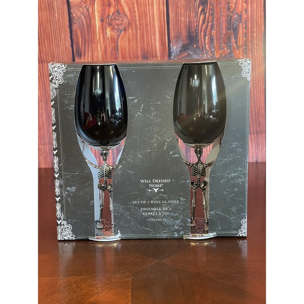 Two Skeleton Wine Glasses Goblet Gothic Halloween Silver Metal Black Glass